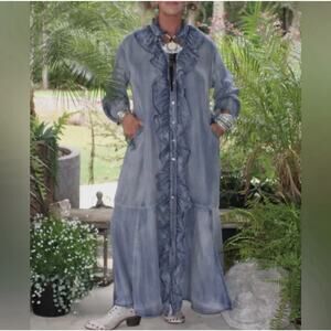 Jaded Gypsy A Ruffle In Time Blue Denim Chambray Lightweight Maxi Dress L/XL